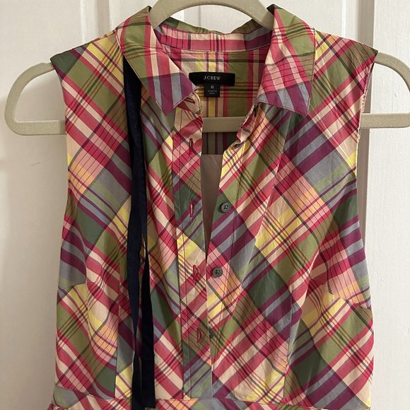 J Crew Plaid Ruffle Neck Tie Shirt Dress - Picture 3 of 8